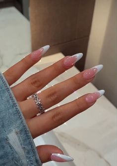 French Tips Diamond, French Tip Acrylic Nails Long Almond, Pink White Nails Acrylic French Tips, French Tip Pointy Almond Nails, Thick White French Tip Nails Almond, Short Almond Frenchies, Light Pink Almond French Tips, Cute Almond French Tip Nails, Almond Nails White Tip