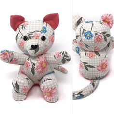 two pictures of a teddy bear with flowers on it's body and the same stuffed animal