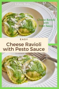 the cover of easy cheese ravioli with pesto sauce is shown on a white plate