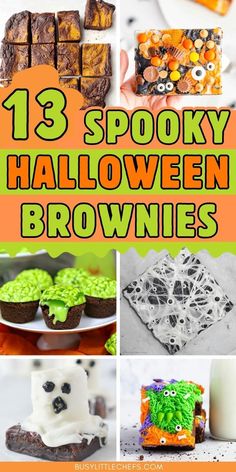 halloween brownies with green frosting and spooky eyes on them are featured in this