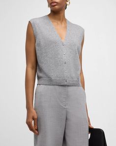 SIMKHAI Rozzi Cashmere Sweater Vest | Neiman Marcus Classic Sleeveless Wool Top, Elegant Sleeveless Wool Top, Classic Wool Sweater Vest For Layering, Sleeveless Cashmere Sweater Vest For Layering, Fitted Cashmere Top With Buttons, Chic Sleeveless Wool Top, Classic Cashmere Sweater Vest For Layering, Classic Cashmere Sweater Vest For Fall, Cashmere Tops With Buttons For Work