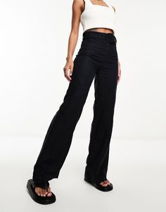 & Other Stories linen belted pants in black | ASOS Black Straight Leg Bottoms With Belt, Black Straight Leg Pants With Belt, Chic Belted Linen Bottoms, Chic Linen Belted Bottoms, Trendy Belted Mid-rise Bottoms, Trendy Mid-rise Belted Bottoms, Black Wide Leg Bottoms With Belt Detail, Black Straight Leg Belted Pants, Chic Mid-rise Belted Bottoms