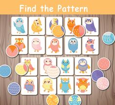 the matching game with colorful owls and circles on wooden background for children's learning