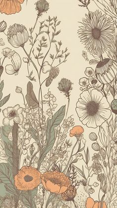 an orange and green floral wallpaper with flowers on the bottom right hand corner, in front of a white background