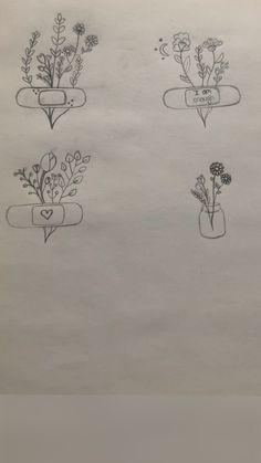 four flower vases with flowers in them on a piece of paper that has been drawn