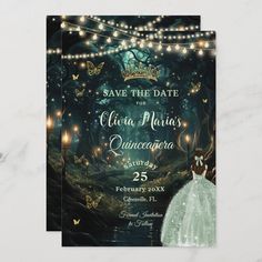 save the date card with fairy lights and princess in green dress on dark blue background