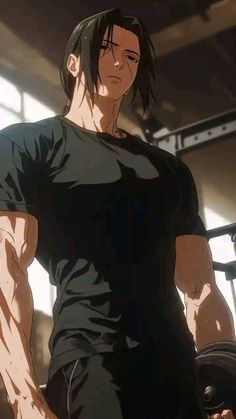 an anime character holding a barbell in his right hand and looking at the camera