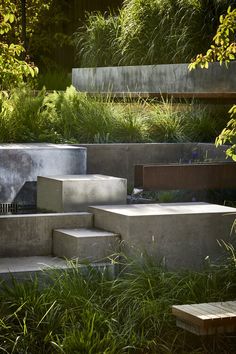 some concrete steps are lined up in the grass with plants growing on each one side