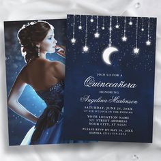 an elegant quinceauren birthday party with a blue dress and stars on the night sky