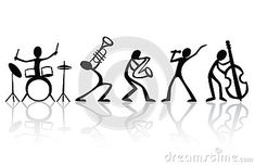 black and white silhouettes of people playing instruments in different poses, with one man standing behind the other