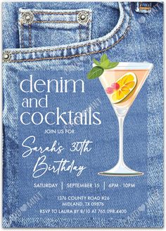 Quickly personalize. Includes matching thank you card.   Host a successful adult birthday party starting with this blue jeans and cocktails blue invite!   You can edit this product yourself, during and/or after purchase. Print or send as an Evite.  Image watermarks will be removed after purchase.  The dimensions are 5"x7". Woman Birthday Party Themes, Denim Party Ideas, Denim Birthday Party Theme, 40th Theme Party Ideas Women, 40th Birthday Party For Women, Cocktail Birthday Party, Women Party Ideas, Denim Party, Cocktail Party Invitation