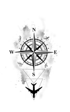 a black and white drawing of a compass with an airplane in the sky above it