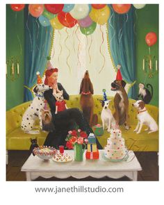 a painting of people sitting on a couch with dogs and balloons in front of them