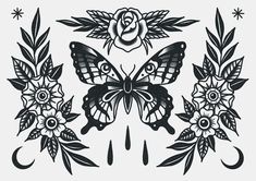 a black and white drawing of a butterfly surrounded by flowers