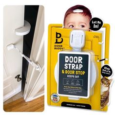 the door strap is attached to an open door with a cat peeking out from behind it