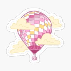 a hot air balloon flying in the sky with clouds around it sticker on a white background