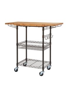 a kitchen cart with two baskets on it and wheels attached to the bottom shelf, in front of a white background