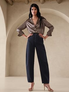 The Barrel Jean | Banana Republic Barrel Leg Jeans Outfit, Mama Aesthetic, Fitted Cashmere Sweater, Barrel Leg Jeans, Sweater Designs, A Place In The Sun, Barrel Jeans, Crisp White Blouse, Brand Character