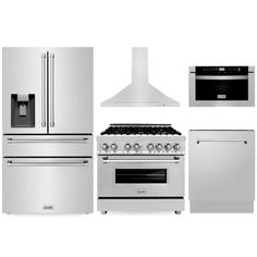 an oven, stove and refrigerator are shown in this image with the same product on it