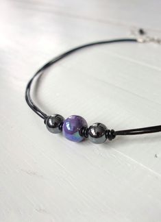 Leather Choker Necklace Purple Ceramic Bead Hematite Stones Adjustable Purple Choker With Round Beads, Adjustable Purple Necklace With Black Beads, Black Leather Choker, Black Leather Necklace, Leather Choker Necklace, Stone Choker, Hematite Stone, Leather Corded Necklace, Leather Chokers