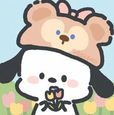 a drawing of a teddy bear with a flower in it's mouth