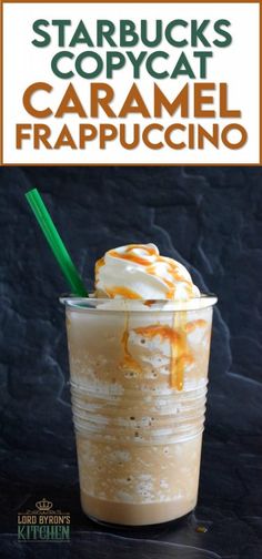 starbucks caramel frappuccino drink in a glass with whipped cream on top