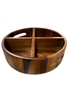 a wooden tray with two compartments and handles