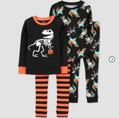 This Carter's Just One You pajama set is perfect for your little dinosaur lover this Halloween season! The four-piece set includes two multicolor pullover top and two matching pants, both made of 100% cotton. The long-sleeved top features an adorable dinosaur print, while the pants have an elastic waistband for a comfortable fit. Striped Pajama Pants, Dinosaur Pajamas, Christmas Toddler, Halloween Pajamas, Footie Pajama, Cotton Pajama Sets, Carters Baby, Boys Pajamas, Toddler Boy Outfits