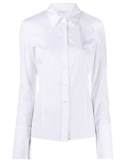 White cotton and polyamide-blend classic button-up shirt from Patrizia Pepe featuring classic collar, front button fastening, long sleeves and straight hem. White Collared Shirt, White Button Down Shirt, White Button Up, White Shirt Dress, College Outfits, White Shop, Shirt White, White Long Sleeve, Collar Shirts