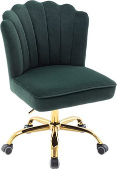 a green office chair with gold wheels