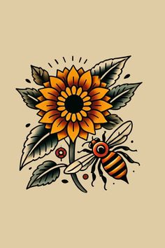 a sunflower with two bees on it and leaves in the middle, as well as a