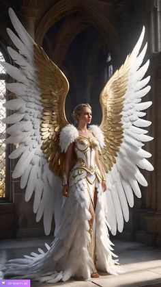 a woman dressed in white and gold with large wings