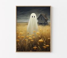 a painting of a ghost in the middle of a field with dandelions around it