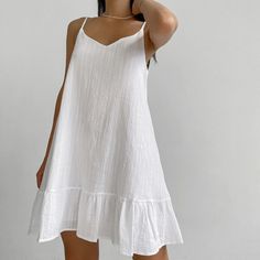 Lasaky - White Fashionable, Loose-Fitting, Comfortable and Breathable Camisole Nightdress - Suitable for Outerwear and Loungewear Elegant Work Dress, Diy Sewing Clothes, White Wedding Dresses, Split Hem, Sewing Clothes, Olivia Mark, Types Of Collars, Night Dress, Dresses For Work