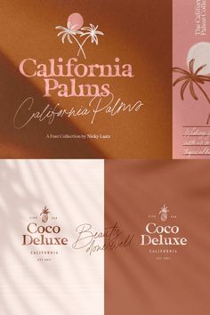 the california palms logo is shown in three different colors and font styles, including pink, brown