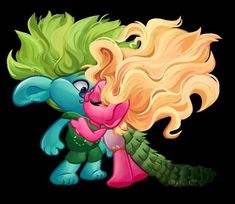 two cartoon characters hugging each other with their hair blowing in the wind, on a black background