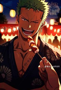 an anime character holding food in his hand and smiling at the camera with fireworks behind him