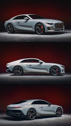 three different views of the front and back of a sports car in two different stages