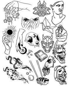 an ink drawing of various masks and other things in the shape of people's faces