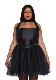 Dance in and out relationships in style with this extra luxurious mini dress that features a corset-style bodice, low square neckline with rhinestone trim, structured boning, a full tulle skirt, and a back hook and zipper closure. Mini Corset Dress, Full Tulle Skirt, Tulle Mini Dress, Satin Tulle, Sugar Thrillz, Tulle Tutu, Black Tulle, Rhinestone Trim, Black Doll