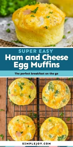 egg muffins on a cooling rack with the title super easy ham and cheese egg muffins