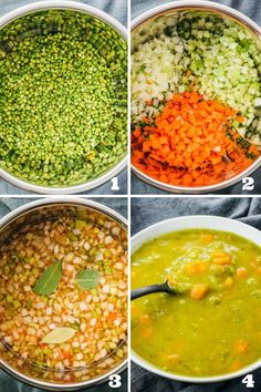 four images showing the steps in how to make peas, carrots and other vegetables