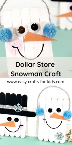 popsicle snowman craft for kids made from popsicle sticks and paper tubes with text overlay that says, dollar store snowman craft