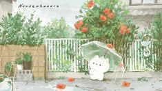 a painting of a teddy bear holding an umbrella in the rain by a flower bush