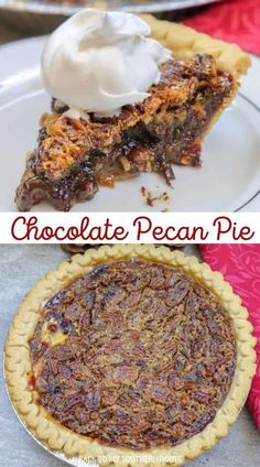 chocolate pecan pie with whipped cream on top and the same pie as it is