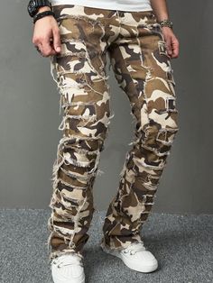 Army Green  Collar  Denim Camo Skinny Embellished Medium Stretch  Men Clothing Khaki Jeans For Summer Streetwear, Summer Streetwear Khaki Jeans, Summer Khaki Jeans For Streetwear, Urban Style Khaki Jeans For Streetwear, Urban Khaki Jeans For Streetwear, Urban Khaki Jeans For Spring, Camouflage Denim Jeans For Fall, Camouflage Cotton Jeans For Fall, Casual Camouflage Jeans With Pockets