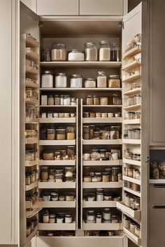 Organized pantry with shelves full of jars containing dry goods and spices. Pantry Cabinet With Drawers, Modern Kitchen Organization Ideas, Massive Pantry, Pantry Cabinet Organization Ideas, Pantry Cupboard Ideas, Pantry Dream, Pantry Aesthetic, Scullery Pantry, Pantry Cabinet Organization