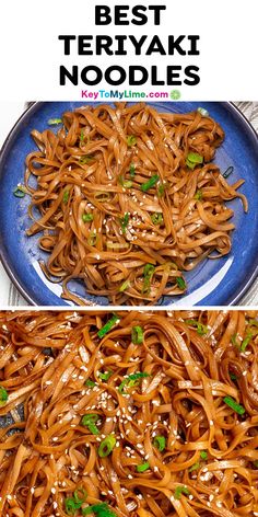 two plates filled with noodles and topped with sesame seeds, on top of each other