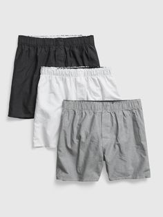 Smooth poplin weave.  Elasticized waist.  Certain styles have allover prints. Affordable Cotton Basic Boxer Briefs, Cotton Boxer Briefs With Built-in Shorts And Short Inseam, Cheap Cotton Boxer Briefs With Built-in Shorts, Stretch Cotton Boxer Briefs With Built-in Shorts, Multi-pack Short Boxer Briefs, Support People, Grey Cotton, Boxer Briefs, Gap