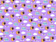 a purple background with cartoon characters and clouds